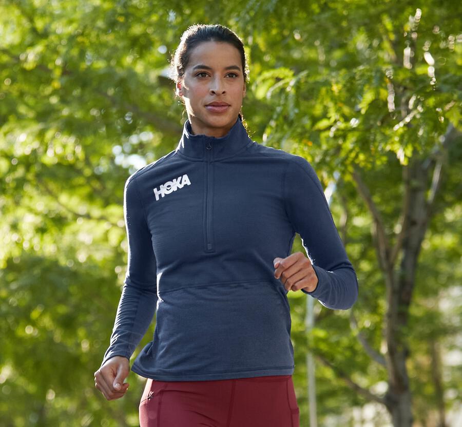 Top Hoka One One Feminino Azul Marinho - 1/2 Ziper Midlayer - 823-PCSXDV